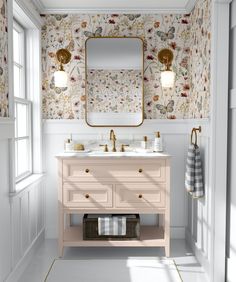 a white bathroom with floral wallpaper and wooden flooring, along with two sinks
