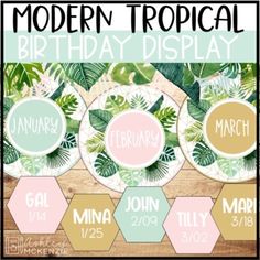 the modern tropical birthday display is displayed on a wooden table with plates and place mats