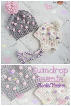 crocheted beanie and mittens are shown in two different colors, with hearts on them
