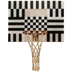 a basketball hoop in front of a black and white checkerboard pattern wallpaper