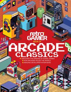 the front cover of an arcade book, with various machines and games on display in it