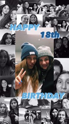 a collage of photos with the words happy 18th birthday written in blue and white