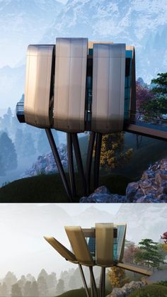 two different views of a building with mountains in the background and trees on both sides