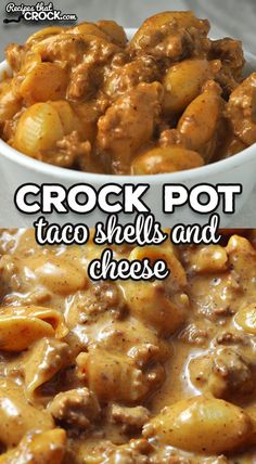 crock pot taco shells and cheese in a white bowl with text overlay