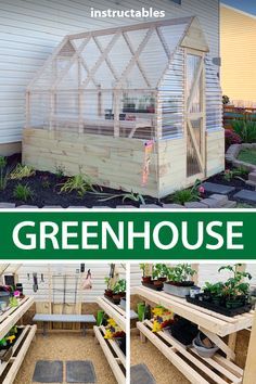 the greenhouse is made out of pallets and has plants growing in it, along with other things