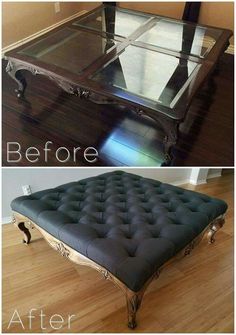 an old coffee table is transformed into a glass top ottoman with metal legs and footrests