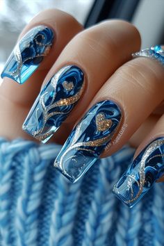 Blue and Silver Nails Nail Art Designs, Manicures, Blue And Silver Nails, Fancy Nails Designs, New Nail Art Design, Blue Nails With Design, Magic Nails, Blue Nail Designs, Fancy Nail Art