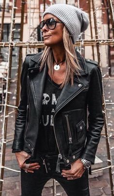 Asymmetrical Biker Jacket Womens Is a wardrobe essential To elevate your #style wear an all black outfit with this #blackleatherjacket #bikerjacket #motojacket #outerwear #womensfashion #fashionista #blogger #beenie Casual, Ideas, Girls, Girl, Cool Outfits, Trendy, Negro