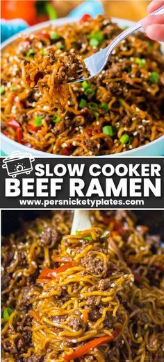 slow cooker beef ramen with noodles and vegetables