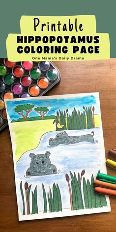 This hippopotamus coloring page is a fun printable activity for kids and teens to color with paint, crayons, or pencils. Download, print, and color from One Mama's Daily Drama.