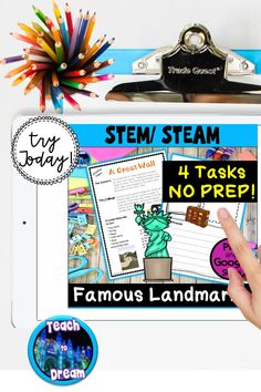 Looking for EASY stem activities? Grab these famous landmark STEAM challenges for kids! If you are looking for FUN STEM ideas, students will LOVE these 4 stem task card activities solving real-world problems! Using classroom supplies, students will use their engineering and problem solving skills to solve these stem task cards for elementary or middle school. For 6th-8th Stem Task Cards, Elementary Teaching Resources, Elementary Resources, Teaching Resources, Task Card Activities, Teaching Stem, Elementary Teaching