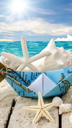 an origami boat on the beach with starfish and other seashells