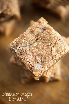 cinnamon sugar blondies stacked on top of each other with the words cinnamon sugar in the middle