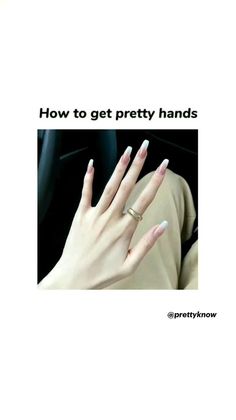 a woman's hand with white and blue nail polish on it, in front of the words how to get pretty hands