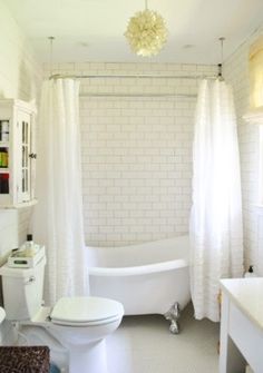 white bathroom - shower over freestanding bath, subway tiles with grey grout, ruffle shower curtains. love. Design, Inspiration, Bad, Baden, Rom, Dekorasyon, Bad Design, Haus, Tub