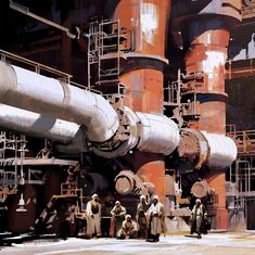 an oil painting of men standing in front of large industrial pipes and machinery that are being worked on