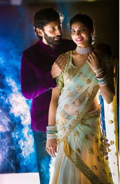 Indian wedding photography. Couple photoshoot ideas. Candid photography. Love the bride's pastel coloured half saree and diamond jewellery. Indian Wedding Couple, Indian Wedding Couple Photography, Indian Wedding Photography Couples