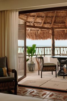 Thatched roofing overhangs hotel room balconies. Interior, Haciendas, Veranda, Patios, Palapa, Suites, Belmond, Luxury