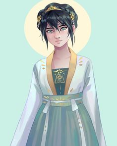 an anime character with black hair wearing a blue dress and gold trimmed headpiece