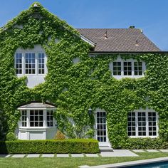 a large house covered in vines next to a swimming pool