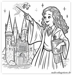 the wizard coloring page for kids with her wand in hand and castle behind her, which is