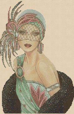 a cross stitch picture of a woman wearing a green dress with feathers on her head