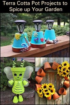 several different pictures of pots with flowers in them and the words terra cota pot projects to spice up your garden