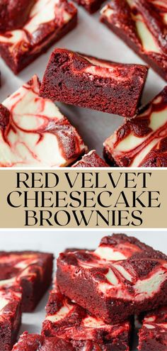 red velvet cheesecake brownies are stacked on top of each other