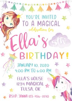 "Invite your daughter's friends over for a majestic party by using this Magical Unicorn Birthday Party Invitation! This double-sided digital invitation features a princess and her magical unicorn surrounded by colorful stars. The backside features a diagonal rainbow pattern complete with a dancing unicorn. Print off this invitation and send them to friends and family and they'll be excited about your child's unicorn birthday party! WHAT'S INCLUDED: * This listing is for digital files only. No it Parties, Invitations, Ideas, Unicorn Birthday Party Invitation, Unicorn Birthday Invitations, Unicorn Birthday Parties, Unicorn Party, Unicorn Invitations, Princess Birthday