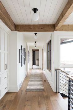white and light wood entryway hallway // gray and white stripe runner // exposed beams // white wood ceiling Modern Farmhouse, Home Remodeling, Hall House, House Flooring
