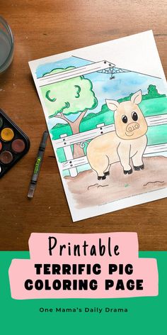 an image of a pig coloring page with watercolors and paintbrushes on the table