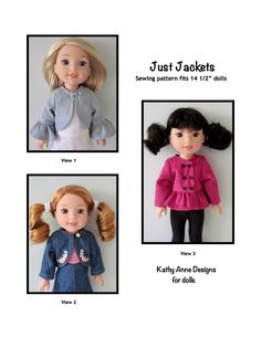 three dolls with different clothes and hair on them, one is wearing a sweater and the other has a jacket