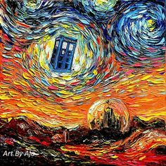 the doctor who is flying through the night sky with his face painted like a painting