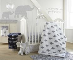 The Levtex Baby Malawi Navy 5 Piece Crib Bedding Set is a Babies R Us exclusive that will bring sweet, coordinated design to your nursery. Playful Elephants and a geometric diamond pattern in Navy hues combine to transform your nursery into a magical Elephant parade! Ideas, Design, Baby Bedding Sets, Blue Crib, Baby Cribs, Elephant Crib Bedding, Baby Crib Bedding