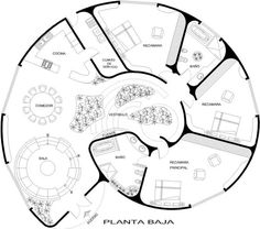a circular house plan with lots of seating and furniture in the center, as well as a living area