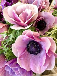 a bouquet of pink and purple flowers in a vase