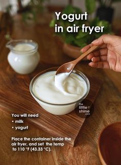 yogurt in air fryer with spoon on cutting board