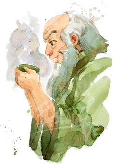 watercolor painting of an old man holding a cell phone