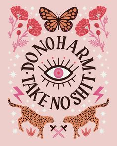 a pink poster with an eye and two cheetah in the middle, surrounded by flowers