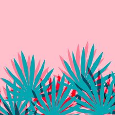a pink and blue palm tree against a light pink background with red squares in the bottom right corner