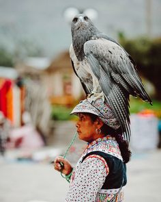 a woman with an owl on her head and another bird perched on her shoulder,