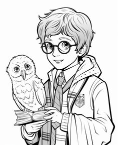 harry potter holding an owl coloring page