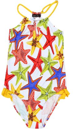 Starfish On White Swimsuit For Girls. Shop our Colorful starfish on white swimsuit for girls and also checkout our matching shorts for brothers. Swimwear, Swimsuits, Swimsuit, White Swimsuit
