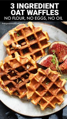 three ingredient oat waffles on a plate with figs, nuts and parsley