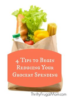 grocery bag full of groceries and vegetables with the words 4 tips to begin reusing your grocery
