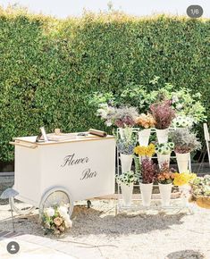 an ice cream cart with flowers on it and some plants in the back ground behind it