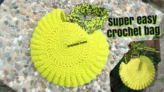 a yellow crochet bag sitting on top of a stone floor