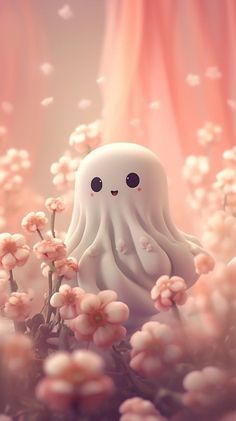 an image of a white octopus in the middle of flowers
