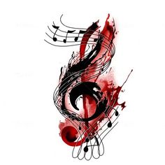 a musical note with red and black paint splattered on the top of it