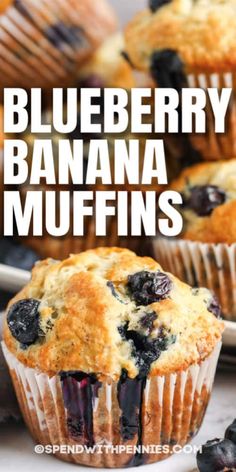 blueberry banana muffins with text overlay